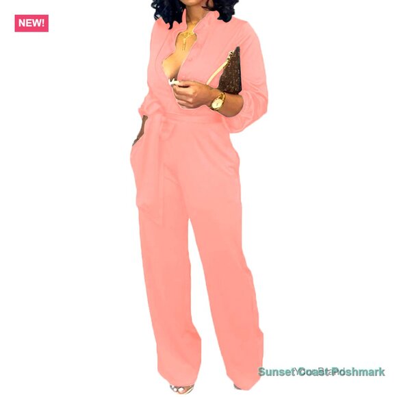 V Neck Long Sleeve Jumpsuit with Belt and Pockets